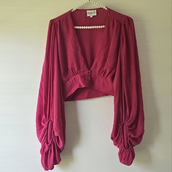 New SNDYS Lantern Sleeve Crop Pixie Top Fuschia Pink Small - Picture 3 of 8